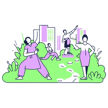 A modern sculpture garden features a series of artistic sculptures of individuals frozen in tai chi poses. Each sculpture varies in size, showcasing smooth lines and dynamic shapes that convey movement. The figures are arranged on a green lawn, with vibrant greenery of plants framing the scene. Some sculptures are positioned on elevated platforms, offering different perspectives. Nearby, there are pathways winding through the garden, marked by smooth stones. In the background, sleek modern buildings provide a contrast to the organic forms of the sculptures.