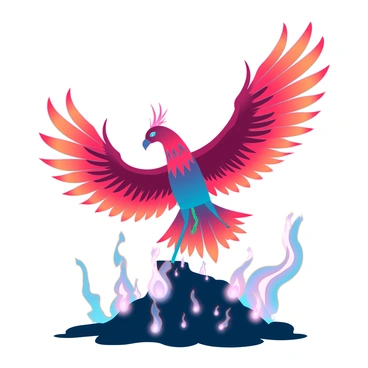 A majestic phoenix with vibrant red and orange feathers is rising from a bed of ashes. Its wings are fully extended, showcasing intricate patterns in the feathers that reflect the light. The bird has glowing eyes that symbolize strength and resilience. Flames swirl around the phoenix, creating a dynamic sense of movement as it ascends into the sky. In the background, the remnants of a burnt landscape fade into shadow, enhancing the feeling of transformation and renewal. The overall composition captures a powerful moment of rebirth and hope.