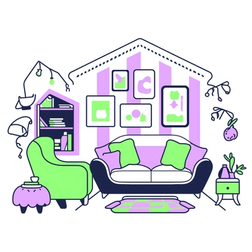 The interior of a quirky cottage is filled with mismatched furniture and eclectic decorations. On one side, there is a bright green armchair with an unusual shape, accompanied by a small purple side table that has a whimsical design. A patchwork sofa sits across from it, adorned with various colorful cushions. The wall is decorated with an assortment of framed artwork, showcasing different styles and themes. A unique light fixture hangs from the ceiling, featuring an array of hanging bulbs. In the corner, a bookshelf is overflowing with books and trinkets, with a small potted plant on one of the shelves. A colorful rug lies on the wooden floor, adding warmth to the space.