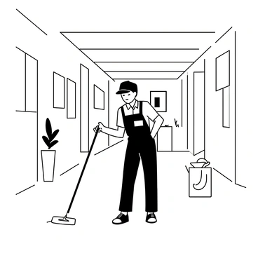 A janitor wearing a dark uniform with a name tag is mopping a shiny tiled floor in a spacious hallway. The hallway features tall ceilings and is lined with large windows that allow natural light to flood in. The janitor is focused on his work, using a long-handled mop while a bucket filled with cleaning solution is positioned nearby. On the walls, there are framed pictures and a few potted plants placed at regular intervals, adding to the setting's organization. The glossy tiles reflect the surroundings, creating a sense of cleanliness and order.