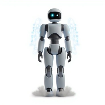 A sleek, futuristic robot with a metallic silver exterior stands upright. Its limbs are articulated and designed with intricate details, showcasing joints and circuits. Visible electric currents flow through its body, glowing brightly in shades of blue and white. The currents pulse rhythmically, illuminating the robot's mechanical components as it powers up. Surrounding the robot is a subtle haze, emphasizing the energy emanating from its form. The robot's eyes display a vibrant light, hinting at its awakening.