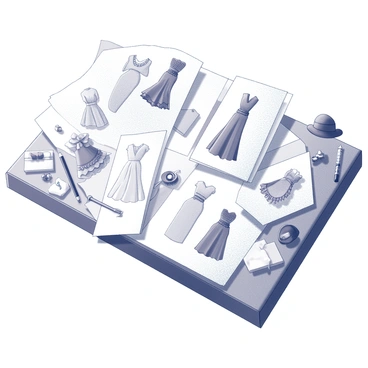 A desk cluttered with multiple fashion sketches. Each sketch showcases various dress designs, highlighting intricate details like ruffles, lace, and unique silhouettes. Scattered among the drawings are designs for accessories, including bags, hats, and jewelry. The desk is also adorned with sketching tools such as pencils and erasers, alongside a few crumpled pieces of paper, suggesting an active creative process.