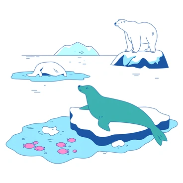 A white arctic landscape covered in thick ice and snow stretches across the scene. In the foreground, a group of small pink krill is visible, swimming in the icy waters beneath the ice surface. Nearby, a sleek teal seal is lounging on a chunk of ice, looking alert as it peers into the distance. In the background, a majestic white polar bear stands on an icy outcrop, its fur blending into the surroundings, as it watches for movement in the water. The sky above is clear and bright, adding to the stark beauty of the arctic environment.