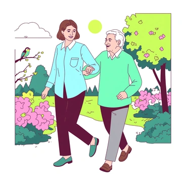 A caregiver with brown hair is gently holding the arm of an elderly person as they walk together through a vibrant park. The caregiver is wearing a light blue shirt and comfortable shoes. The elderly person is dressed in a pastel green sweater and gray slacks, looking content as they stroll. Around them, the park is filled with blooming flowers of various colors, including pink and yellow. The sun is shining brightly, casting soft shadows on the path they are walking. Birds can be seen perched on branches nearby, adding to the serene ambiance of the scene.