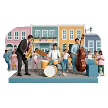 A jazz band is performing energetically on a small stage in New Orleans. The band consists of a saxophonist wearing a black suit and a bright red tie, a drummer in a white shirt with suspenders, a double bassist dressed in a blue shirt, and a trumpeter in a patterned shirt. They are all focused on their instruments, with the saxophonist leaning into his music and the drummer playing enthusiastically. The backdrop features colorful buildings with vibrant facades, hanging flower baskets, and decorative streetlights. The scene is filled with an atmosphere of excitement, with a small crowd of people enjoying the performance. Some audience members are swaying to the rhythm while others are clapping along.