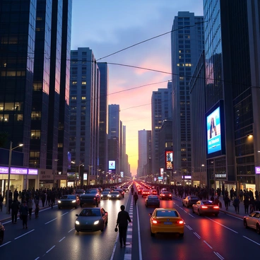 A bustling cityscape during dusk, with high-rise buildings silhouetted against a vibrant twilight sky. The buildings have various architectural styles, including glass facades and concrete structures. Glowing electric grid lines crisscross above the streets, casting a soft blue and yellow light across the scene. The streets are filled with busy pedestrians and vehicles, with headlights and taillights creating a stream of light. Neon signs and billboards add splashes of color to the atmosphere, emphasizing the energetic life of the city as day transitions into night.
