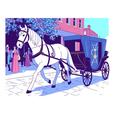 A white horse with a flowing mane is pulling a luxurious carriage down a cobblestone street. The carriage is adorned with ornate gold detailing and has large dark blue curtains partially drawn. The street is lined with quaint brick buildings draped in vibrant flowers. Sunlight casts intricate shadows on the cobblestones as the horse's hooves clip-clop rhythmically, and a gentle breeze stirs the leaves of nearby trees. In the distance, a small crowd of people watches the carriage pass by, dressed in elegant attire.