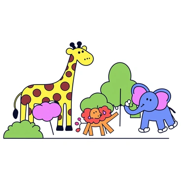 A zoo scene where various animals are creatively fashioned out of lollipops. There is a tall giraffe made of yellow and brown swirled lollipops, with a long neck and big round eyes. Nearby, a colorful elephant is constructed from blue and pink lollipops, with large ears made of flat candy disks. A small lion is made from orange and red lollipops, featuring a fluffy mane shaped from smaller round candies. In the background, there are bushes and trees designed with green lollipops that add to the whimsical atmosphere of the zoo.