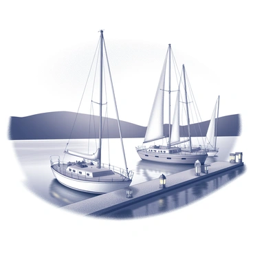 A harbor scene at dusk featuring several sailboats anchored gently on the water. The boats are detailed with white sails furled against their masts. Lanterns are positioned along the dock and on the boats, casting soft light that creates a shimmering reflection on the water's surface. The sky above transitions into evening, with a gradual fade from light to dark, while the silhouettes of distant hills frame the harbor in the background. The overall scene captures a tranquil moment at the end of the day.