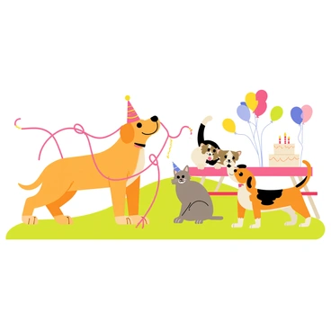 A group of pets including a playful golden retriever, a curious tabby cat, and a cheerful beagle, all wearing colorful party hats. The pets are gathered on a bright green lawn, surrounded by colorful streamers fluttering in the breeze. The golden retriever is playfully tugging on a long red streamer, while the tabby cat is swatting at a dangling blue streamer. The beagle is nearby, excitedly jumping and trying to catch a falling piece of confetti. In the background, there are colorful balloons and a big cake with candles on a picnic table, creating a festive atmosphere.