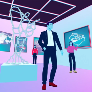 A middle-aged man with short, dark hair and a tailored suit is walking through an art gallery. He has a focused expression as he observes various tech-themed installations. Bright neon lights illuminate the space, highlighting intricate sculptures made of wires and screens. One installation features moving holograms of abstract shapes, while another displays a digital canvas showcasing vibrant, rotating artworks. The walls are adorned with interactive displays inviting viewers to engage with the technology. The atmosphere is filled with a blend of curiosity and innovation as visitors explore the gallery alongside him.