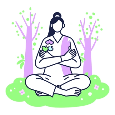 A person is sitting in a meditative pose with their legs crossed on a patch of grass. The person has long hair tied back and is wearing a flowing white garment. Their arms are crossed in front of them, and several butterflies are gently resting on their arms. In the background, there are trees with thick trunks and a few flowers scattered throughout the grass. The scene conveys a sense of tranquility and connection with nature.