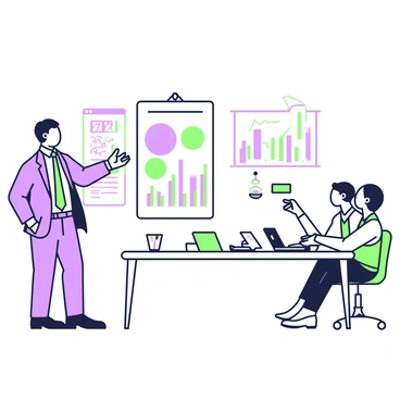 A confident business leader stands at the front of a modern conference room, addressing their team. The leader is wearing a tailored suit and has a determined expression. They are gesturing towards a large presentation screen displaying colorful charts and graphs. The audience, consisting of diverse professionals seated around a rectangular table, is engaged and taking notes. On the table, there are laptops, notebooks, and coffee cups. A flip chart with handwritten notes is positioned to one side, adding to the atmosphere of collaboration and innovation.