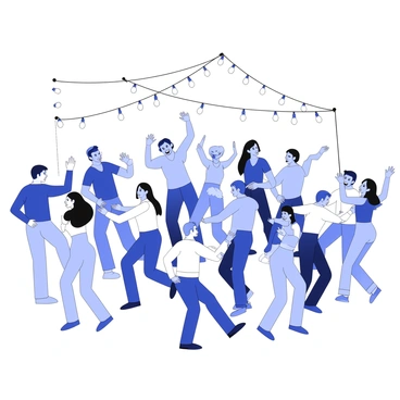 A large gathering of people is dancing together. They are positioned closely, showcasing various dance moves and expressions of joy. Surrounding the group is a canopy made of strings of lights, which hang above, illuminating the scene. The dancers wear a variety of outfits, reflecting different styles and preferences. Some individuals have their arms raised high, while others are engaged in conversation or laughing with friends. The ground beneath them is a smooth surface, suitable for dancing. The atmosphere is filled with a sense of excitement and energy.