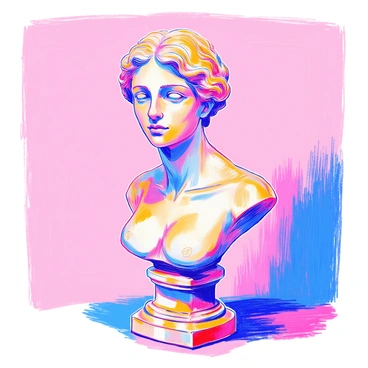A classical bust sculpture is depicted, showcasing a featureless face with smooth contours. The sculpture stands on a sturdy, rounded pedestal, and its surface is finely detailed with subtle textures that suggest marble. The bust exhibits an elegant neck and shoulders, tapering into a defined collarbone area. Light casts gentle shadows across the sculpture, enhancing its contours and creating a sense of depth. The background is a simple, neutral color to emphasize the bust's form and details.