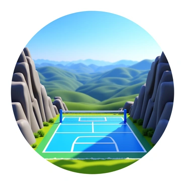 A volleyball court on a mountain peak with panoramic views