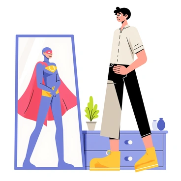 A superhero wearing casual clothes stands in front of a large mirror. The superhero has a determined expression on their face as they gaze into the reflection. In the mirror, a colorful and detailed superhero costume is visible, showcasing a vibrant red cape, a blue bodysuit with a yellow emblem on the chest, and a shiny mask. The background features a cozy room with a few personal items and a plant beside the dresser. The lighting in the room highlights the contrast between the civilian attire and the heroic reflection.