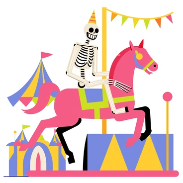 A skeleton sitting on a pink horse of a colorful carousel. The skeletal figure has a wide grin, with oversized cartoonish eyes and colorful party hats. Surrounding the carousel are bright lights and cheerful banners fluttering in the breeze. The carousel is adorned with vibrant patterns of blue, yellow, and green, creating a lively atmosphere at the fair. In the background, there are colorful tents and other fair attractions, adding to the festive scene.
