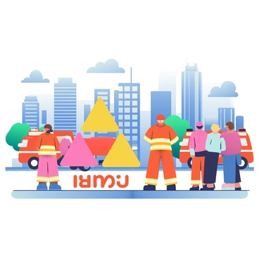 A bustling cityscape is filled with tall buildings and busy streets. In the foreground, the "fire triangle" symbol is prominently displayed, consisting of three elements: "heat," "fuel," and "oxygen." Firefighters in bright orange uniforms are conducting a fire drill, demonstrating safety procedures to a group of attentive onlookers. There are red fire trucks parked nearby with flashing lights activated, and the sounds of sirens can be imagined. The sky is a clear blue, with a few fluffy white clouds scattered above the city.