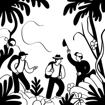 A group of three explorers, equipped with backpacks and machetes, is cutting through dense foliage in a jungle. Large palm leaves and vines surround them, creating a layered backdrop of plant life. The explorers are dressed in practical outdoor clothing, with one pointing ahead to indicate the direction. Sunlight filters through the canopy above, creating dappled patterns on the ground. A few exotic flowers are visible among the greenery, adding to the lush environment.