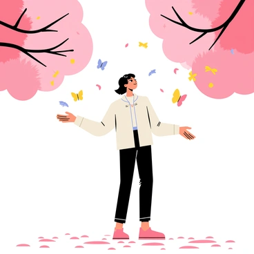 A person standing in a park surrounded by pink cherry blossom trees. Delicate cherry blossom petals are falling gently around them, creating a soft shower of pink. Colorful butterflies are fluttering around, some landing on the person's outstretched arms, as if joining the petals in a gentle embrace. The person has a serene expression, gazing upwards, with a light breeze moving their hair slightly. The ground is covered with a carpet of pink petals, enhancing the enchanting atmosphere of the moment.