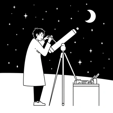 A scientist standing beside a large telescope mounted on a sturdy tripod, gazing through the eyepiece. The scientist is wearing a lab coat and has short, tousled hair. Their face is illuminated by the light from the telescope, showing a look of concentration. Around the scientist, various astronomical tools and charts are scattered on a nearby table. In the background, a dark sky is filled with a multitude of stars, some represented as distant feedback stars twinkling brightly. A crescent moon can be seen in the corner of the image, adding to the celestial theme.