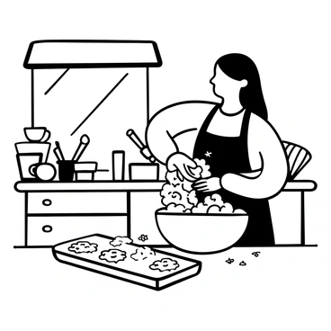 A woman, Kanako, is standing at a kitchen counter, mixing cookie dough in a large bowl. Her apron is covered in flour, indicating an active baking session. There are cookie sheets lined with unbaked cookies in front of her. The kitchen is filled with baking utensils, including measuring cups, a rolling pin, and a whisk. A window in the background shows sunlight streaming in, illuminating the cheerful atmosphere of the kitchen. A few scattered flour dustings can be seen on the counter.