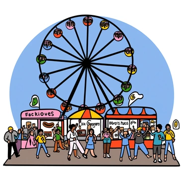 A vibrant scene at Navy Pier with a large, colorful Ferris wheel towering above. The Ferris wheel is filled with people enjoying the ride, each cabin painted in bright colors. Below, there are lively crowds of various people, some walking, others taking pictures. Children are laughing and pointing at the Ferris wheel. Stalls selling snacks and refreshments are visible, with signs displaying "Hot Dogs" and "Ice Cream." The sky is clear blue, and the sunlight illuminates the entire scene, adding to the cheerful atmosphere.