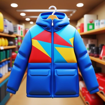 A ski jacket with a bold geometric pattern displayed prominently on a hanger. The jacket features vibrant colors, including shades of blue, red, and yellow in sharp shapes. The store background is filled with various sporting equipment and gear, with soft lighting highlighting the jacket's details. The fabric appears textured, hinting at warmth and durability, suitable for winter sports. A price tag hangs from the sleeve, adding to the retail context.