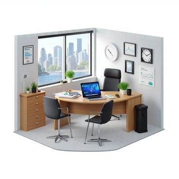 A stock broker's office with modern decor and a large window revealing a city skyline. There is a sturdy wooden desk cluttered with various financial reports, charts, and folders. A sleek, open laptop sits on the desk, displaying stock prices in bright colors on its screen. There are several pens, a notepad, and a coffee mug also placed on the desk. A comfortable office chair is positioned in front of the desk. On the walls, there are framed stock market-related artworks and a large clock indicating the time. The overall atmosphere reflects a busy and dynamic work environment.