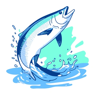 A dynamic illustration showing a tarpon in mid-leap above the water's surface. The tarpon is gracefully arched with its iridescent scales reflecting light. Water splashes around the fish, creating droplets that catch the light. The background features a blend of colors that emphasizes the energy and motion of the scene. The overall composition captures the elegance and power of the tarpon's movement.