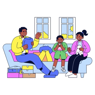 A family of four is in their living room, engaged in trading winter clothes for summer outfits. The father is holding a bright yellow short-sleeve shirt while inspecting a cozy blue sweater. The mother is folding a pair of green shorts and smiling at her child, who is excitedly holding a fluffy winter hat. The room has a window showing a sunny day outside, and a sofa is in the background, covered with a mix of colorful summer and winter clothing. There are also neatly stacked boxes filled with clothes beside them.