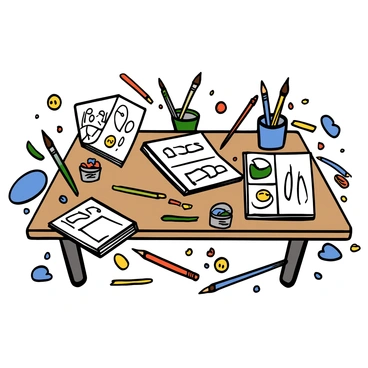 An artist's desk with a light wooden surface, covered in a disarray of open sketchbooks displaying various drawings. Scattered around are colorful pencils in different lengths, some lying flat and others standing upright in a small jar. Paintbrushes of various sizes are scattered across the desk, with some bristles stained with paint. There are also small jars containing paint splashes and a few crumpled pieces of paper. The overall scene conveys a sense of creativity and artistic chaos.