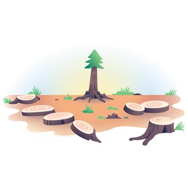 A once lush forest, now reduced to stumps, stretches across the image. The ground is littered with tree remnants, their rings visible in the cross-sections. In the center, a lone tree stands tall, its bark rough and weathered, contrasting against the barren landscape. Surrounding the tree, patches of green grass peek out from the earth, highlighting the remnants of life. The sky above is a soft gradient transitioning from light blue at the horizon to a warmer tone as it rises, casting gentle light over the scene.