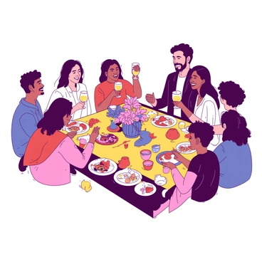 A communal table is set with a variety of colorful dishes and drinks, surrounded by people of various backgrounds enjoying a meal together. There are men and women of different ethnicities and ages, smiling and engaging in conversation. Some are passing plates filled with food to each other, while others are raising their glasses for a toast. The table is adorned with a vibrant tablecloth, and fresh flowers are placed in the center. The atmosphere is lively, with laughter and chatter filling the air as everyone shares this moment of connection and joy.