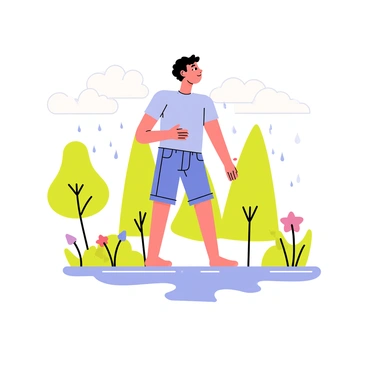 A person with short brown hair is standing with eyes closed, facing upward. The person is wearing a light blue t-shirt and denim shorts. Raindrops are gently falling, creating small splashes on the ground. Surrounding the person are vibrant green trees and colorful flowers. The sky is filled with fluffy white clouds, indicating a warm day. The person's expression reflects tranquility and enjoyment as they embrace the refreshing rain.