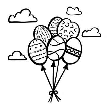 A cluster of balloons shaped like "Easter eggs" floating in the sky. The balloons display intricate patterns resembling traditional Easter designs. The scene features a few clouds scattered in the background, providing context to the sky. Some of the balloons are tied together, while others appear to be drifting slightly apart. A gentle breeze is suggested by the positioning of the balloons, creating a sense of movement in the image.