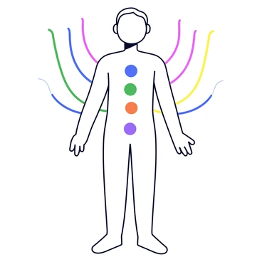 A human figure depicted in a minimalist style, standing upright. The figure is outlined with clean, simple lines. Various colors represent the seven chakras along the spine, starting from red at the base and moving upward through orange, yellow, green, blue, indigo, and violet at the crown. Each chakra is illustrated with a distinct circular symbol corresponding to its color. Flowing lines of different hues weave through and around the figure, illustrating the movement of energy between the chakras. The background is plain to emphasize the figure and the vibrant energy flow.