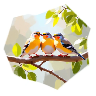 A family of goldfinches nestled together on a tree branch