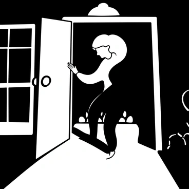 A front door is ajar, revealing a person with an outstretched hand reaching towards the doorknob. On the porch, a shadowy figure stands still, blending into the darkness of the night. The figure's outline is indistinct, creating an air of mystery. The porch is illuminated by a single light above, casting a stark contrast between the figure and the surrounding area. The scene conveys a sense of suspense and intrigue as the person appears startled by the unexpected presence.