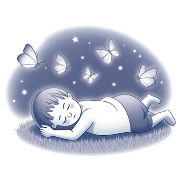 A child is lying peacefully on a grassy surface, with a serene expression on their face as they sleep. Surrounding the child are several butterflies, delicately fluttering around. The butterflies are shown in various poses, some are perched lightly on the child’s hands, while others are gracefully lifting into the night sky. The background features a dark sky with stars twinkling softly. The overall scene conveys a sense of wonder and magic.