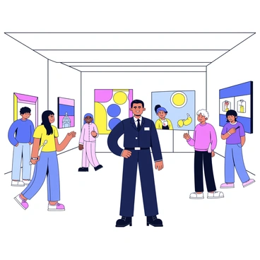 A security guard standing in the center of an art gallery. The guard is wearing a dark uniform with a name tag and has a serious expression on his face. He is positioned next to a large painting that features abstract colors and forms. Visitors are walking around, admiring the artworks, while the guard keeps a watchful eye on them. The gallery walls are adorned with various framed paintings and sculptures placed on pedestals. Soft lighting illuminates the space, creating a welcoming atmosphere.