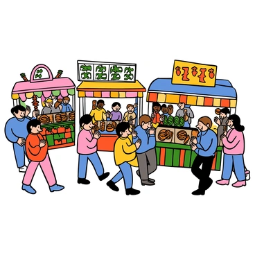 A vibrant anime food market bustling with activity. There are various colorful stalls, each adorned with bright banners and decorations. One stall features an array of fresh produce, including bright red tomatoes, green cucumbers, and orange carrots neatly arranged. Another stall offers an assortment of snacks, such as steaming dumplings, skewers of grilled meat, and sweet pastries. People of different ages are walking through the market, some stopping to admire the goods, while others chat and laugh. The atmosphere is lively, filled with the colorful sights and inviting aromas of delicious food.