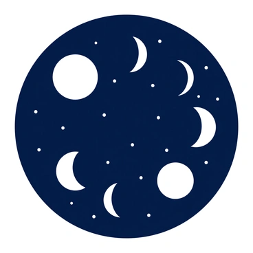 A duotone illustration showing the different phases of the moon in a night sky. The moon phases include the new moon, waxing crescent, first quarter, waxing gibbous, full moon, waning gibbous, last quarter, and waning crescent, arranged in a circular formation. The night sky is filled with scattered white stars, enhancing the contrast between the phases of the moon and the dark background. The moons are depicted in varying shades of light and shadow to illustrate their shapes clearly.