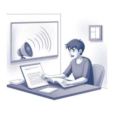 A person sitting at a desk with a furrowed brow, trying to focus on a book. The room is filled with scattered papers and an open laptop, showing signs of distraction. In the background, a wall separates this person's space from the neighboring apartment, where sound waves are visually represented as lines emanating from a music speaker. Visible tension is shown in the person's body language, illustrating their struggle against the noise. A small window is slightly ajar, indicating the source of the loud music.