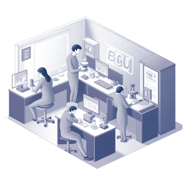 A high-tech laboratory filled with advanced equipment and technology. Several students are positioned at workstations, interacting with various scientific instruments. One student is carefully observing a reaction occurring in a clear glass beaker. Another student is typing on a computer, analyzing data displayed on the screen. A third student is using a microscope to examine a sample. The room is well-lit, with sleek countertops and organized shelves filled with lab supplies. "BCU" is displayed prominently on the wall, symbolizing the institution’s identity.