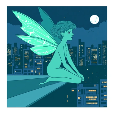 A teal modern fairy with neon-colored wings is perched on the edge of a rooftop in a bustling city at night. The wings are spread wide, showcasing intricate patterns illuminated by vibrant colors. Below, the city lights twinkle in the darkness, casting a warm glow on the fairy's delicate features. The fairy's hair is styled in a contemporary fashion, flowing gently in the night breeze. The skyline stretches into the distance, dotted with various skyscrapers and illuminated windows. The moonlight bathes the scene in a soft light, enhancing the magical atmosphere of the urban night.