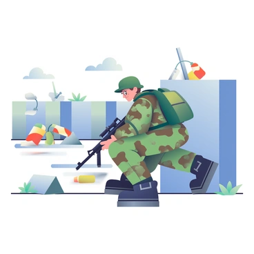 A soldier wearing camouflage fatigues and a tactical vest is crouched behind a barricade in a simulated city environment. He is holding a rifle and has a focused expression on his face. The urban setting features several concrete structures and debris scattered around. In the background, there are makeshift walls and obstacles that the soldier is using for cover. The ground is littered with training equipment, and a few dummies representing potential enemies are placed strategically throughout the area. The soldier's boots are muddy, indicating recent use of the training ground.