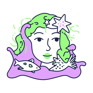 A face shaped by ocean waves is emerging from the surface of the water. The contours of the face mimic the flowing lines of waves, creating an impression of movement. Interwoven into the design are various sea creatures such as a fish with flowing fins, a starfish with outstretched arms, and delicate seaweed curling around features of the face. The expression on the face reflects the calm yet dynamic nature of the ocean, with gentle curves representing the eyes and mouth, enhancing the connection to the sea. The intricate details of the sea creatures add texture and depth to the overall composition.