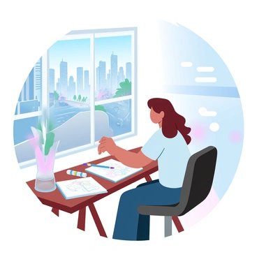 An artist looking out a window, drawing inspiration from the bustling cityscape outside